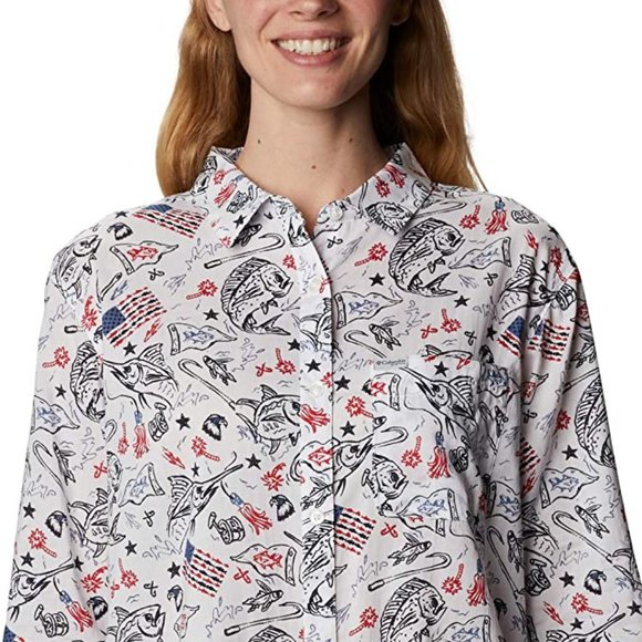🆕Columbia Women's Slack Water Woven LS Shirt, White Americana Fishing Print,NWT - Picture 4 of 7